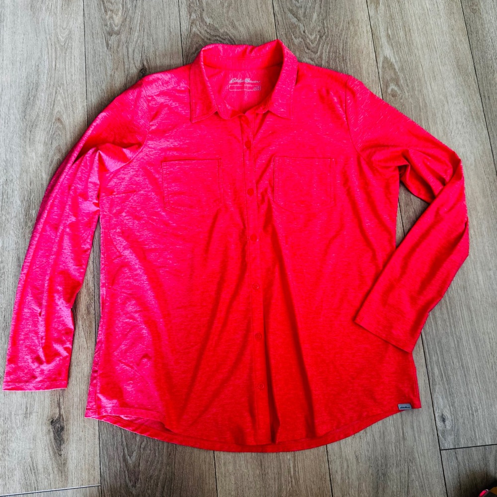 Eddie Bauer Womens XL Pink Space Dye‎ Long Sleeve Button Down Shirt Stretch Top